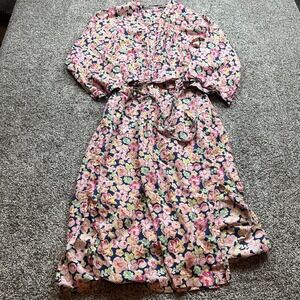 Mahogany Kimono Dress Womens S Navy Pink Yellow Floral Print Robe Style Belted